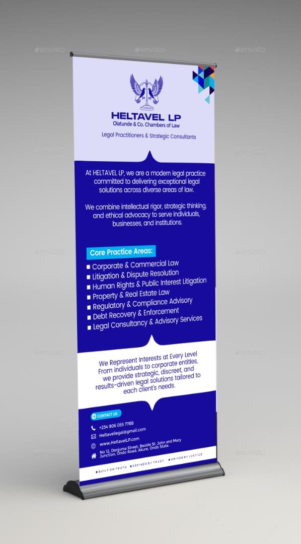 Heltavel Legal firm banner with practice information